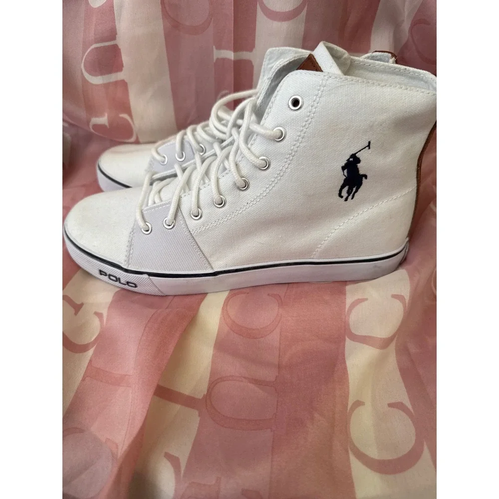 Polo Ralph Lauren Mens White Canvas High Top  Brown Leather Trim Size 8.5